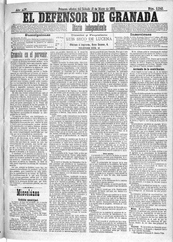 'El Defensor de Granada  : diario político independiente' - Año XIV Número 6048 1ª ed. - 1893 Marzo 18