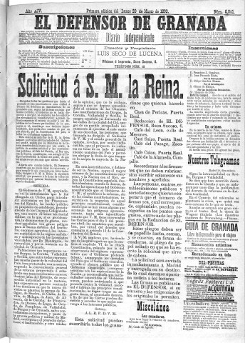 'El Defensor de Granada  : diario político independiente' - Año XIV Número 6051 1ª ed. - 1893 Marzo 20
