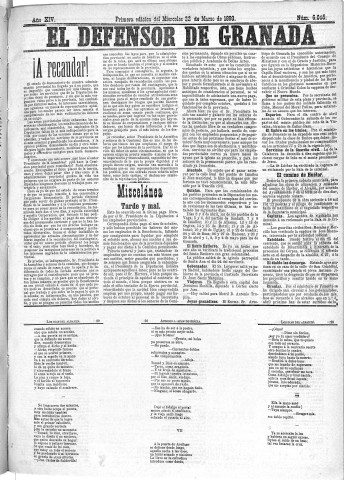 'El Defensor de Granada  : diario político independiente' - Año XIV Número 6055 1ª ed. - 1893 Marzo 22