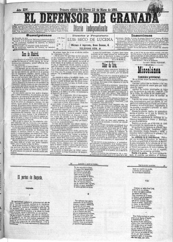 'El Defensor de Granada  : diario político independiente' - Año XIV Número 6057 1ª ed. - 1893 Marzo 23