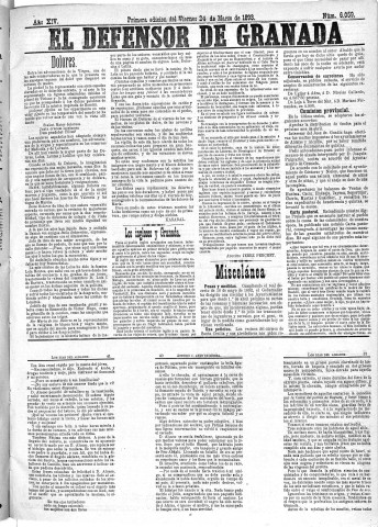 'El Defensor de Granada  : diario político independiente' - Año XIV Número 6059 1ª ed. - 1893 Marzo 24