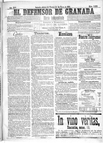 'El Defensor de Granada  : diario político independiente' - Año XIV Número 6060 2ª ed. - 1893 Marzo 24