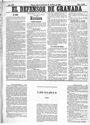 'El Defensor de Granada  : diario político independiente' - Año XIV Número 6061 1ª ed. - 1893 Marzo 25