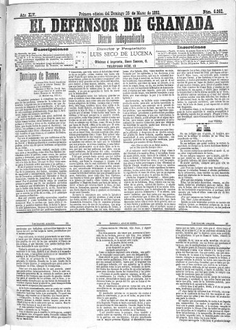 'El Defensor de Granada  : diario político independiente' - Año XIV Número 6062 1ª ed. - 1893 Marzo 26