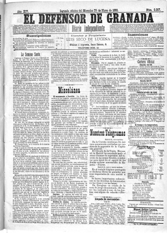 'El Defensor de Granada  : diario político independiente' - Año XIV Número 6067 2ª ed. - 1893 Marzo 29