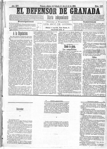 'El Defensor de Granada  : diario político independiente' - Año XIV Número 6068 1ª ed. - 1893 Abril 01