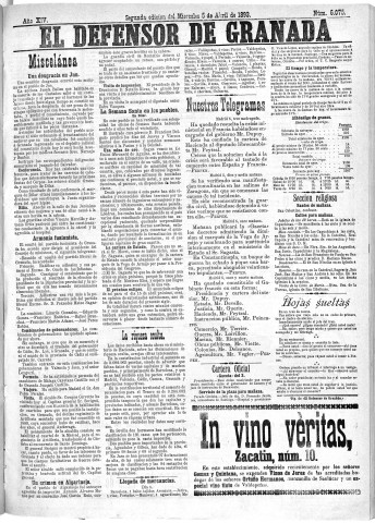 'El Defensor de Granada  : diario político independiente' - Año XIV Número 6075 2ª ed. - 1893 Abril 05