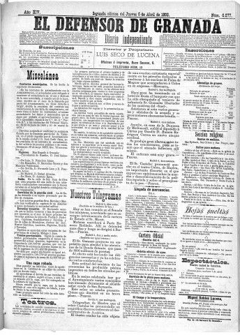 'El Defensor de Granada  : diario político independiente' - Año XIV Número 6077 2ª ed. - 1893 Abril 06