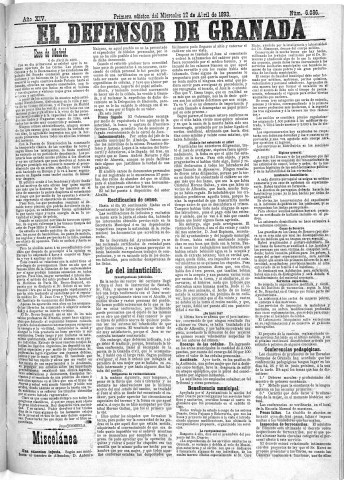 'El Defensor de Granada  : diario político independiente' - Año XIV Número 6086 1ª ed. - 1893 Abril 12