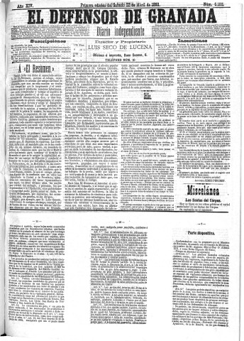 'El Defensor de Granada  : diario político independiente' - Año XIV Número 6101 1ª ed. - 1893 Abril 22
