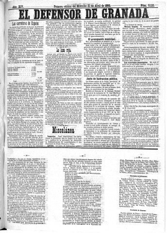 'El Defensor de Granada  : diario político independiente' - Año XIV Número 6108 1ª ed. - 1893 Abril 25