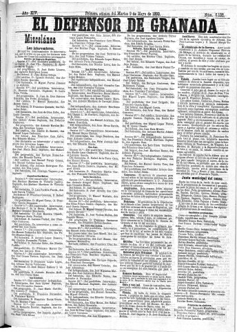 'El Defensor de Granada  : diario político independiente' - Año XIV Número 6132 1ª ed. - 1893 Mayo 09
