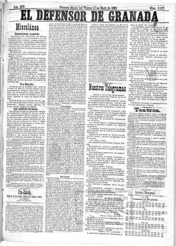 'El Defensor de Granada  : diario político independiente' - Año XIV Número 6137 1ª ed. - 1893 Mayo 12