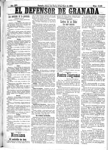 'El Defensor de Granada  : diario político independiente' - Año XIV Número 6148 2ª ed. - 1893 Mayo 18