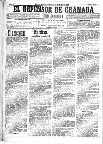 'El Defensor de Granada  : diario político independiente' - Año XIV Número 6151 1ª ed. - 1893 Mayo 20