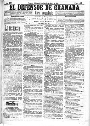 'El Defensor de Granada  : diario político independiente' - Año XIV Número 6153 1ª ed. - 1893 Mayo 21