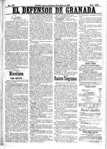'El Defensor de Granada  : diario político independiente' - Año XIV Número 6156 2ª ed. - 1893 Mayo 23