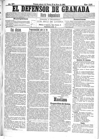 'El Defensor de Granada  : diario político independiente' - Año XIV Número 6159 1ª ed. - 1893 Mayo 25