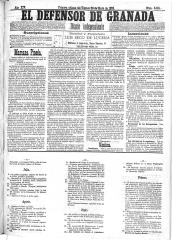 'El Defensor de Granada  : diario político independiente' - Año XIV Número 6161 1ª ed. - 1893 Mayo 26