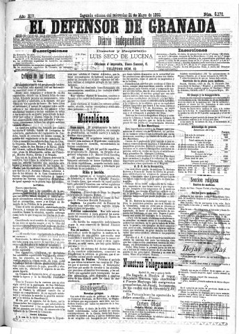 'El Defensor de Granada  : diario político independiente' - Año XIV Número 6170 2ª ed. - 1893 Mayo 31