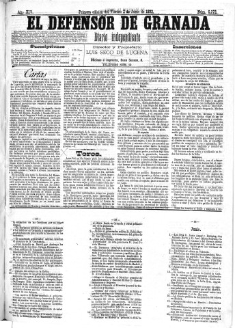 'El Defensor de Granada  : diario político independiente' - Año XIV Número 6172 1ª ed. - 1893 Junio 02