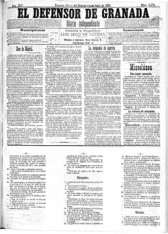 'El Defensor de Granada  : diario político independiente' - Año XIV Número 6174 1ª ed. - 1893 Junio 04