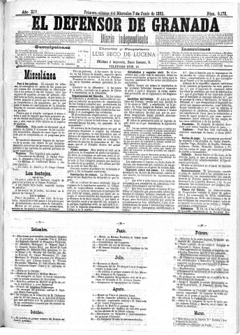'El Defensor de Granada  : diario político independiente' - Año XIV Número 6178 1ª ed. - 1893 Junio 07