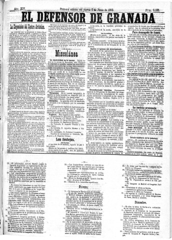 'El Defensor de Granada  : diario político independiente' - Año XIV Número 6180 1ª ed. - 1893 Junio 08