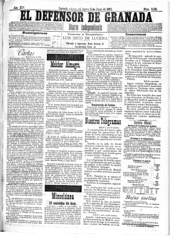 'El Defensor de Granada  : diario político independiente' - Año XIV Número 6181 2ª ed. - 1893 Junio 08