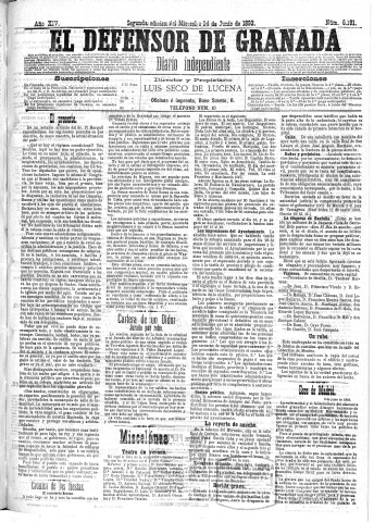 'El Defensor de Granada  : diario político independiente' - Año XIV Número 6191 2ª ed. - 1893 Junio 14