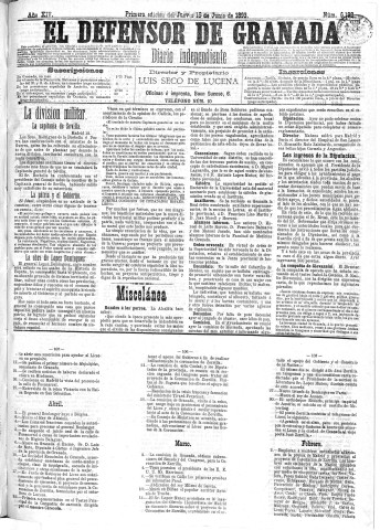 'El Defensor de Granada  : diario político independiente' - Año XIV Número 6192 1ª ed. - 1893 Junio 15
