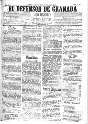 'El Defensor de Granada  : diario político independiente' - Año XIV Número 6193 2ª ed. - 1893 Junio 15