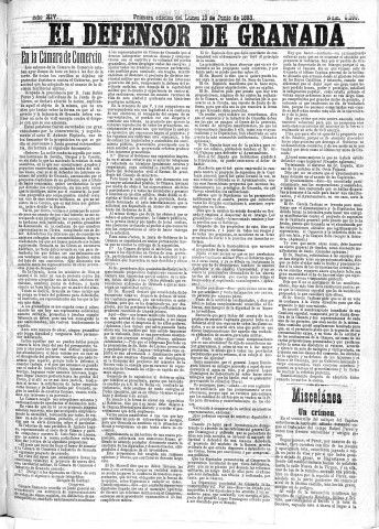 'El Defensor de Granada  : diario político independiente' - Año XIV Número 6199 1ª ed. - 1893 Junio 19