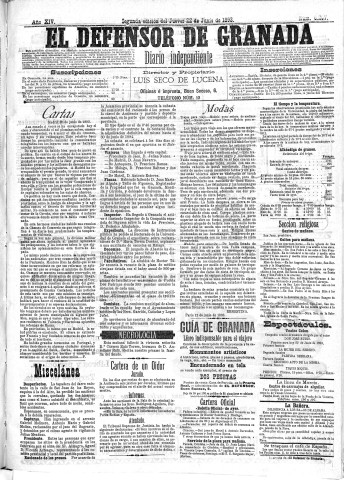 'El Defensor de Granada  : diario político independiente' - Año XIV Número 6207 2ª ed. - 1893 Junio 22