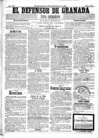 'El Defensor de Granada  : diario político independiente' - Año XIV Número 6209 2ª ed. - 1893 Junio 23