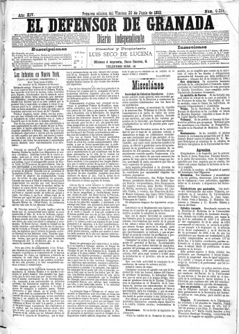 'El Defensor de Granada  : diario político independiente' - Año XIV Número 6219 1ª ed. - 1893 Junio 30