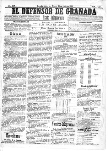'El Defensor de Granada  : diario político independiente' - Año XIV Número 6220 2ª ed. - 1893 Junio 30