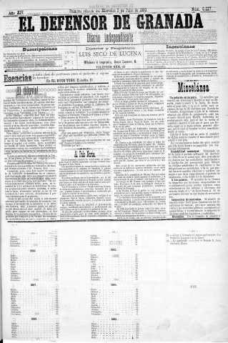 'El Defensor de Granada  : diario político independiente' - Año XIV Número 6226 1ª ed. - 1893 Julio 05