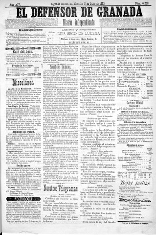 'El Defensor de Granada  : diario político independiente' - Año XIV Número 6227 2ª ed. - 1893 Julio 05