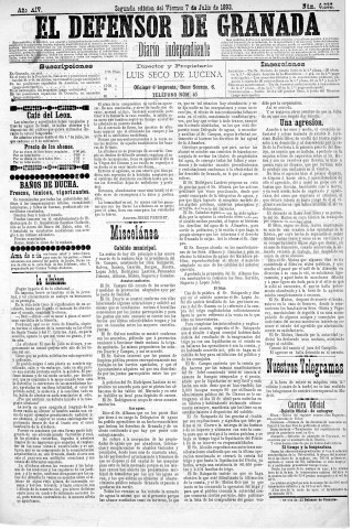 'El Defensor de Granada  : diario político independiente' - Año XIV Número 6230 2ª ed. - 1893 Julio 07