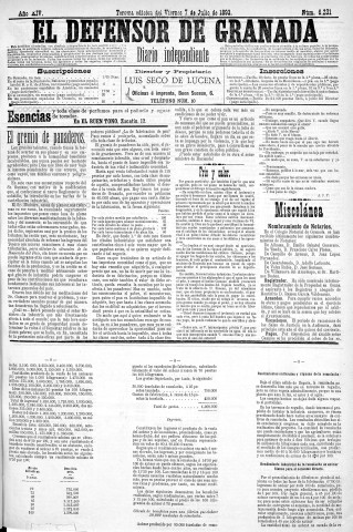 'El Defensor de Granada  : diario político independiente' - Año XIV Número 6231 3ª ed. - 1893 Julio 07