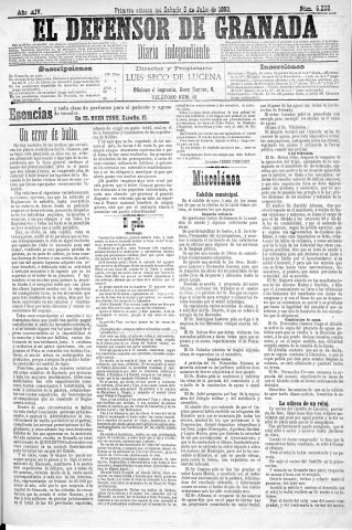 'El Defensor de Granada  : diario político independiente' - Año XIV Número 6232 1ª ed. - 1893 Julio 08