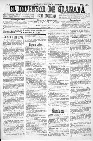 'El Defensor de Granada  : diario político independiente' - Año XIV Número 6234 1ª ed. - 1893 Julio 09