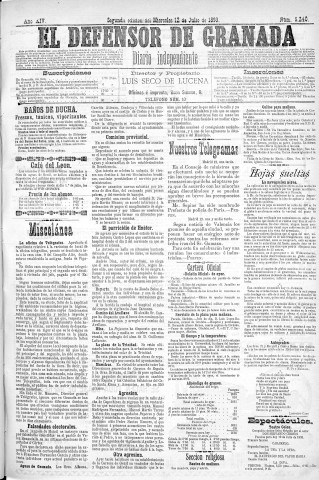 'El Defensor de Granada  : diario político independiente' - Año XIV Número 6239 2ª ed. - 1893 Julio 12