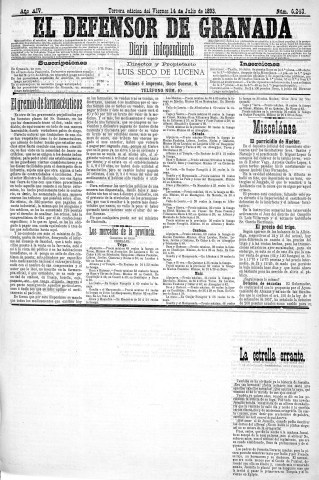 'El Defensor de Granada  : diario político independiente' - Año XIV Número 6243 3ª ed. - 1893 Julio 14