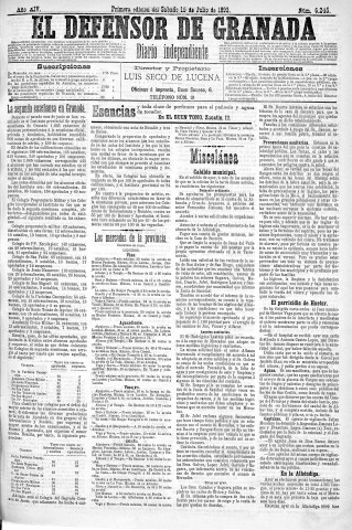 'El Defensor de Granada  : diario político independiente' - Año XIV Número 6244 1ª ed. - 1893 Julio 15