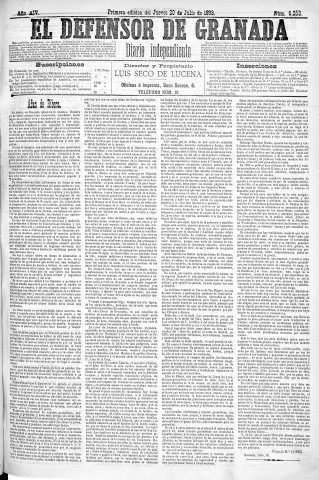 'El Defensor de Granada  : diario político independiente' - Año XIV Número 6252 1ª ed. - 1893 Julio 20