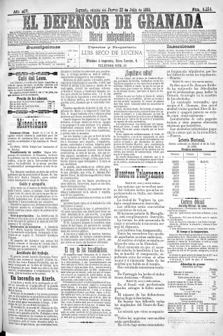 'El Defensor de Granada  : diario político independiente' - Año XIV Número 6253 2ª ed. - 1893 Julio 20