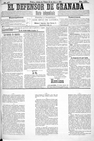 'El Defensor de Granada  : diario político independiente' - Año XIV Número 6254 1ª ed. - 1893 Julio 21