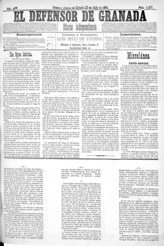 'El Defensor de Granada  : diario político independiente' - Año XIV Número 6256 1ª ed. - 1893 Julio 22